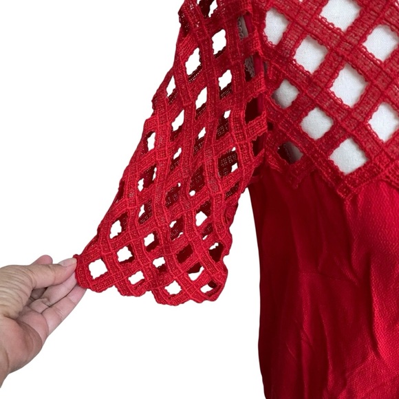 Sandro Paris Lace Blouse FR 2 US 6 Red Cutout Short Sleeve Keyhole NWT $250 - Picture 5 of 13